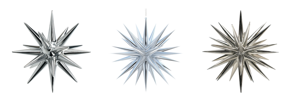 Three metallic star ornament silver hanging star spiky decoration holiday ornament reflective metal 3d object isolated on black decorative pendant - Powered by Adobe