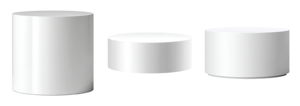 White cylindrical product pedestal trio on transparent background evoking minimal modern display and soft studio lighting