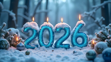 Glowing Blue 2026 Candles Covered in Snow in a Winter Forest Landscape