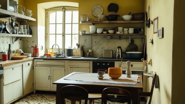 A cozy country french kitchen with wooden shelves, a table set for a meal, and various kitchenware displayed