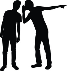 Black silhouette of two men gossiping and whispering a secret while pointing finger away isolated on white background illustration.