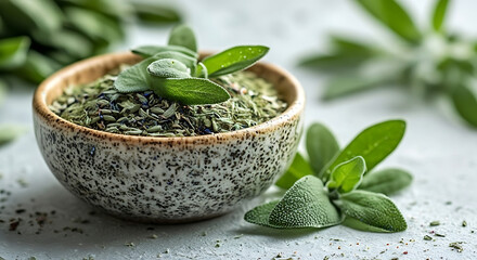 Dried sage in a speckled bowl with fresh sage leaves on a light surface in a close up shot