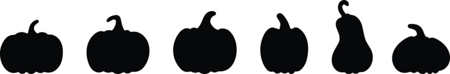 Black pumpkin silhouettes set vector illustration isolated on white background for Halloween decoration and autumn harvest season design projects.