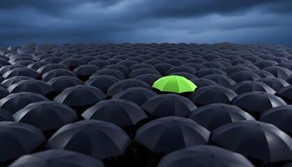 Bright green umbrella stands out among many dark umbrellas