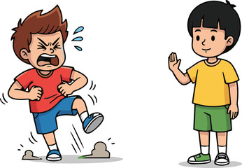 Furious cartoon kid stomping foot and shouting while other boy stands calmly making stop sign hand gesture vector illustration.