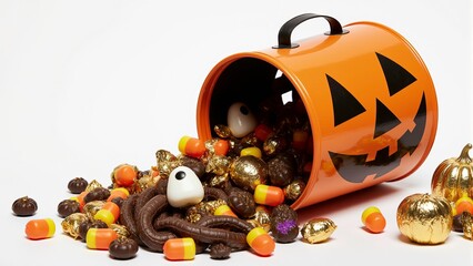A small orange halloween bucket with a black pumpkin face design tipped over spilling assorted Halloween candies, mix of candy corn, gummy worms, gold foil-wrapped chocolates.