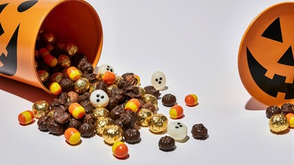 A small orange halloween bucket with a black pumpkin face design tipped over spilling assorted Halloween candies, mix of candy corn, gummy worms, gold foil-wrapped chocolates.