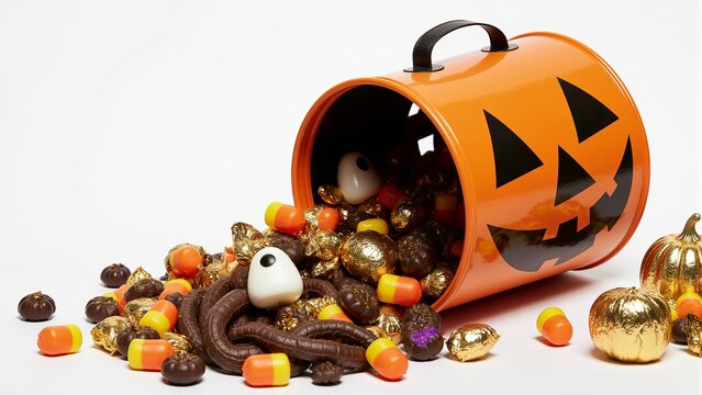 A small orange halloween bucket with a black pumpkin face design tipped over spilling assorted Halloween candies, mix of candy corn, gummy worms, gold foil-wrapped chocolates.