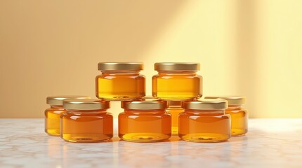 A neatly arranged pyramid of small glass honey jars with golden lids filled with rich amber honey against the beautiful background.