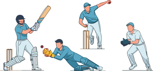 Professional cricket players set featuring batsman swinging bat bowler delivering ball and wicketkeeper catching action poses vector illustration.