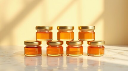 A neatly arranged pyramid of small glass honey jars with golden lids filled with rich amber honey against the beautiful background.