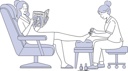Relaxed woman reading fashion magazine in comfortable chair while receiving pedicure from nail technician in modern beauty salon vector illustration.