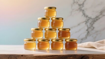 A neatly arranged pyramid of small glass honey jars with golden lids filled with rich amber honey against the beautiful background.
