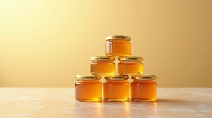 A neatly arranged pyramid of small glass honey jars with golden lids filled with rich amber honey against the beautiful background.