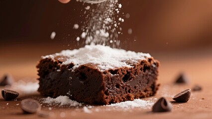 Delicious chocolate brownie dusted with powdered sugar on a brown background presenting a tempting dessert delight.
