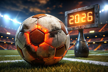 Weathered Soccer Ball On Grass Field With Digital 2026 Scoreboard Under Bright Stadium Lights

