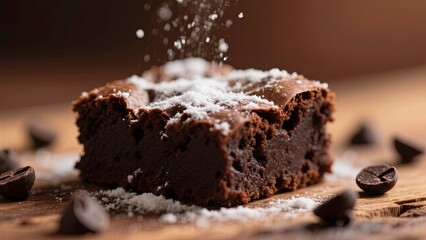 Delicious chocolate brownie dusted with powdered sugar on a brown background presenting a tempting dessert delight.