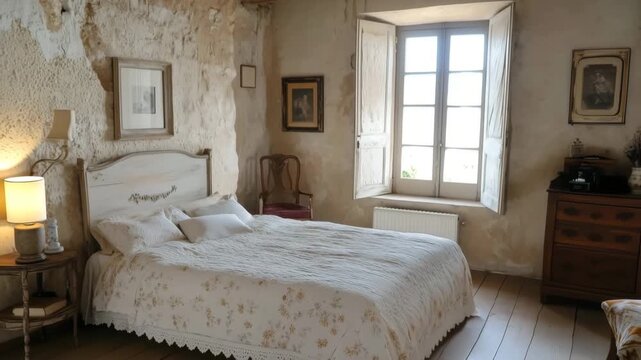 A cozy country french bedroom featuring a double bed with white bedding, vintage decor, and a large window letting in natural light