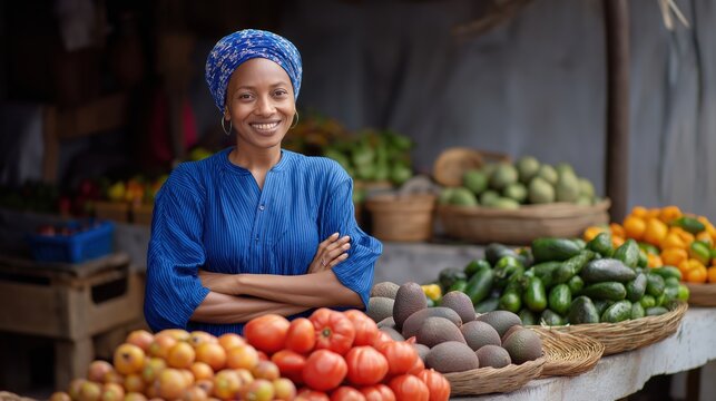 Vibrant outdoor farmers market scene featuring smiling woman shopping for fresh organic vegetables and colorful produce in a lively community setting - Powered by Adobe