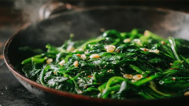 Steaming Fresh Spinach Saut&eacute;ed with Garlic and Chili Flakes in a Cast Iron Skillet with a Dark Rustic Background and Soft Overhead Lighting