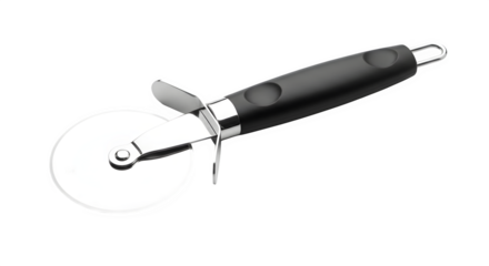 Stainless steel pizza cutter with black handle isolated on transparent background