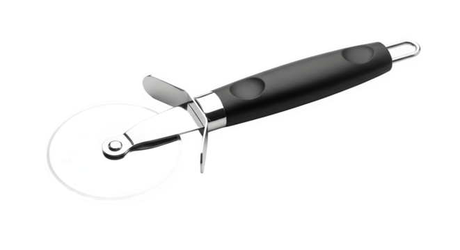 Stainless steel pizza cutter with black handle isolated on transparent background