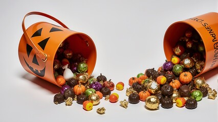 A small orange halloween bucket with a black pumpkin face design tipped over spilling assorted Halloween candies, mix of candy corn, gummy worms, gold foil-wrapped chocolates.