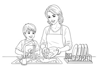Mother and Son Dishwashing Activity Fun Family Chores for Kids - Engaging Coloring Pages