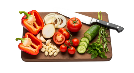 Fresh vegetables and knife on cutting board isolated on transparent background
