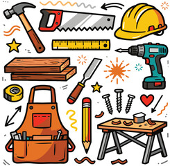 Carpenter Doodle Flat Illustration Set