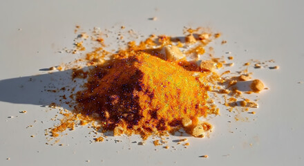 A pile of orange and brown powder with small pieces scattered on a white surface in bright sunlight