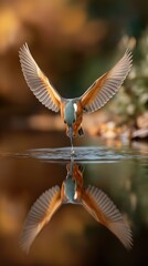 Obraz premium Vibrant Kingfisher Bird in Flight Over Water with Reflection in Natural Habitat, Capturing Wildlife and Nature Scene in Outdoor Environment