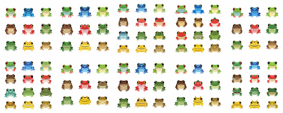 Large Vector Collection of Cartoon Frogs and Toads Characters in Various Bright Colors and Styles Isolated on White.