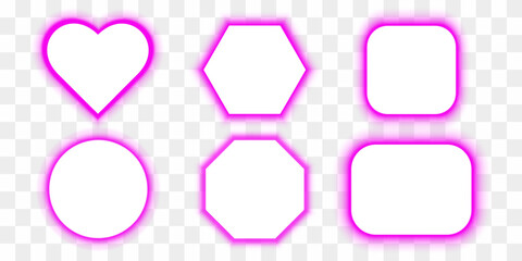 A set of white frames of different shapes with pink led backlight. 3d vector illustration isolated on transparent background.