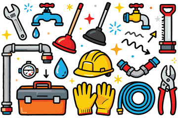 Plumber Doodle Flat Illustration Set