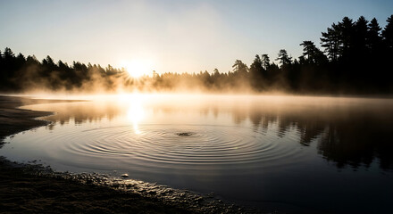 Tranquil lake at sunrise with fog and concentric circles on the water surface