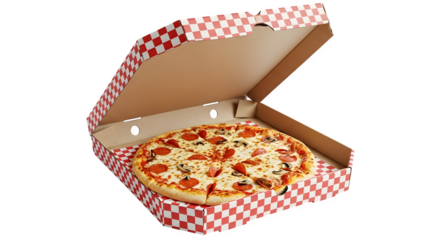 Freshly baked pizza in open delivery box isolated on transparent background