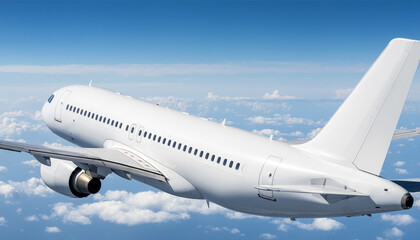 Close-up View of a Commercial Jet Airplane Fuselage and Tail Fin against a Bright Blue Sky with White Clouds, Symbolizing Global Travel and Aviation