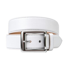White leather women’s belt with square buckle. Isolated white background. Png format