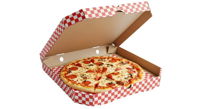 Freshly baked pizza in open delivery box isolated on transparent background