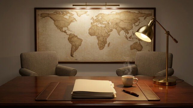 Elegant Office Space with World Map and Desk.