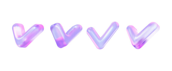  Glossy 3D check mark set with holographic gradient effect. Modern glass tick icon in neon blue and orange hues. Perfect futuristic element for tech approval visuals.
