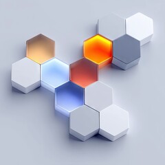 Obraz premium A cluster of interconnected hexagonal shapes, some opaque white, others translucent and glowing with vibrant colors like orange, blue, and red, set against a ne