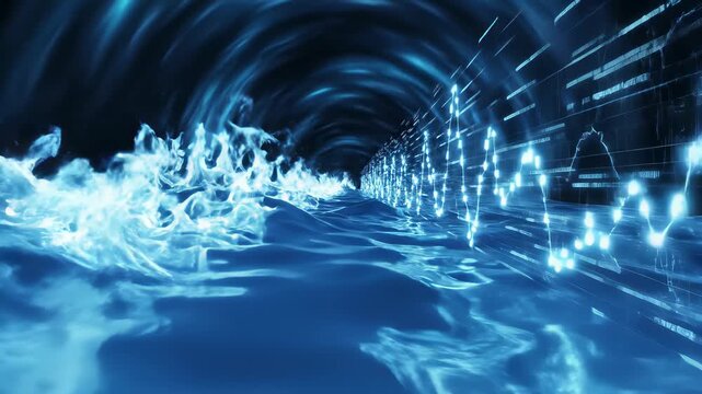 Blazing blue flames illuminate a vast, seemingly endless tunnel, capturing the essence of innovation and progress, perfect for visualizations related to technological advancements or forward.