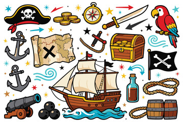 A fun flat-color doodle set featuring pirate elements such as ships, treasure chests, skulls, swords, maps, anchors, parrots, cannons, and adventure symbols, perfect for playful pirate-themed illustra
