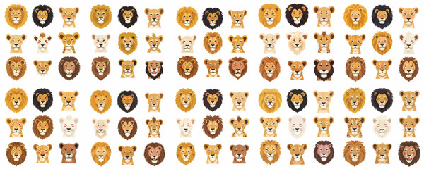 Cute cartoon lion heads set featuring various expressions, ages, and genders, including male lions, lionesses, and adorable cubs, isolated on white background. © Payandu
