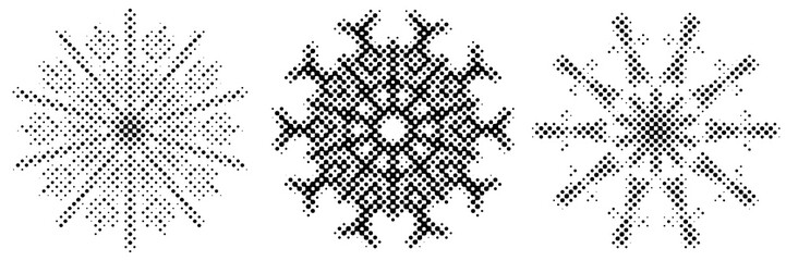 Three abstract black halftone shapes on a transparent background, suitable for ornaments, icons, or snowflake-style elements.