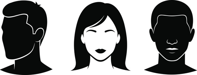 PrintBlack and white face silhouettes, abstract human portraits, vector illustration, modern identity design, minimalist profile art, graphic head icons