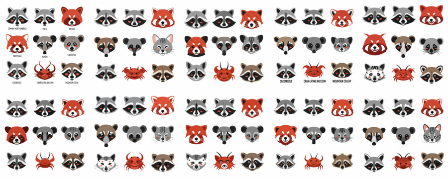 A collection of cute cartoon animal heads featuring raccoons, red pandas, coatis, kinkajous, and a crab, representing diverse Procyonidae family species icons.