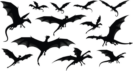 Naklejka premium PrintDragon silhouette, flying pose, standing dragon, mythical creature, fantasy design, black and white, vector illustration, winged beast, serpent shape, dramatic art